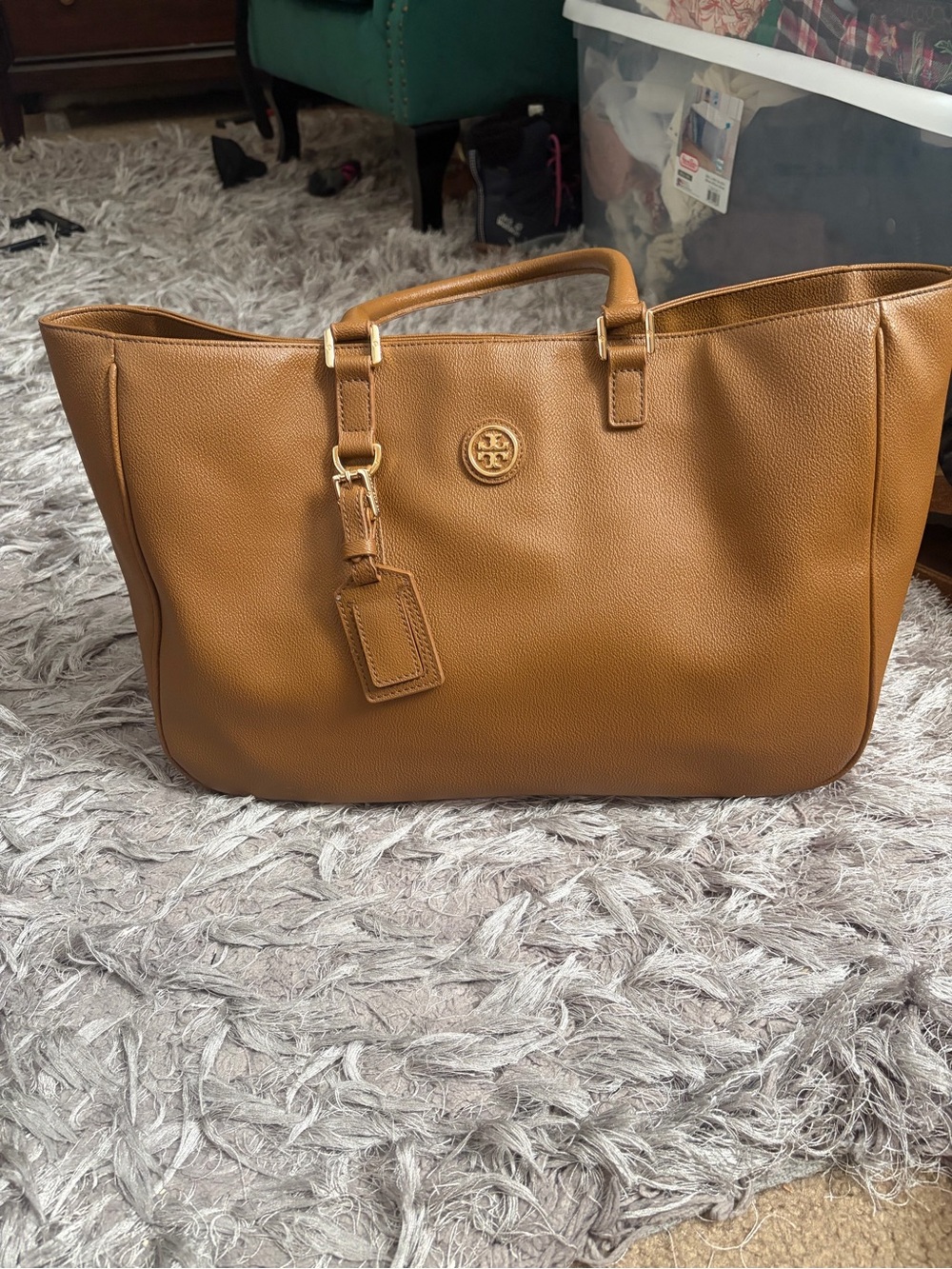 Tory Burch Tan Pebbled Leather Tote with Logo Charm